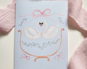 Swan Hearts And Bows Greeting Card Girly Coquette Card Pink Bow Birthday Card Girly Greeting Card For Friend Blue and Pink Birthday  Card