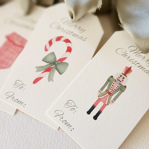 Conjunto de etiquetas para presente de Natal com oito quebra-nozes, boneco de gengibre, meia e bengala de doces, conjunto de etiquetas para presente, lindas etiquetas de nome para presentes de Natal