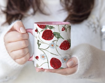 Strawberry Coffee Mug, Floral Design, Pink Handle, 11oz