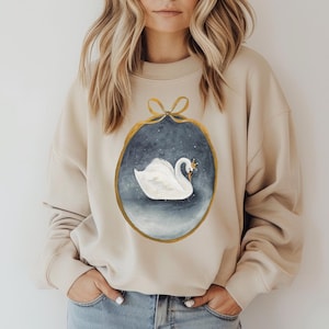 Snowy Swan Crewneck Moletom Coquette Swan Inverno Cisne Aquarela Suéter Princesa Cisne Branco Com Coroa Gola Redonda