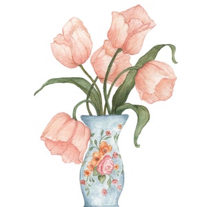May include: Watercolor painting of a bouquet of pink tulips in a light blue vase. The vase is decorated with floral patterns in shades of orange and pink. The tulips have green stems and leaves, set against a white background.