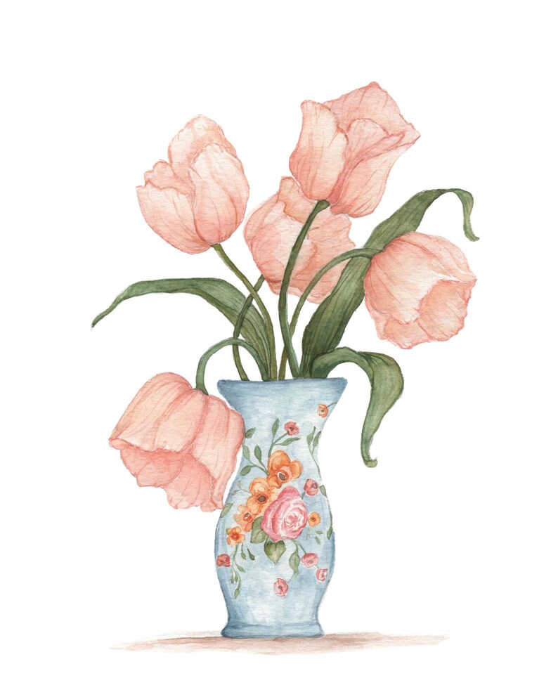 May include: Watercolor painting of a bouquet of pink tulips in a light blue vase. The vase is decorated with floral patterns in shades of orange and pink. The tulips have green stems and leaves, set against a white background.