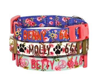 Personalized Spring Floral Dog Collar with Embroidered Pet Name and Phone Number by Blueberry Pet