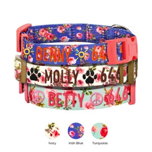 Personalized Spring Floral Dog Collar with Embroidered Pet Name and Phone Number by Blueberry Pet