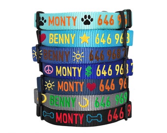 Embroidered Personalized Dog Collar with Emojis, Pet Name and Phone, Customized Dog Collar, Custom Made Dog Collar, ID Collar, all Hand Made
