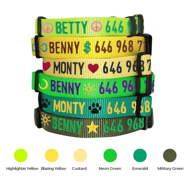 Embroidered Personalized Dog Collar with Emojis, Pet Name and Phone, Customized Dog Collar, Custom Made Dog Collar, ID Collar, all Hand Made