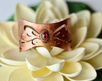 Copper Cuff Bracelet with Oval Garnet Stone, Boho Cuff Bracelet