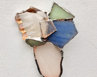 Vintage Abstract Glass Pin Brooch, Recycled Reclaimed Sea Glass, Unique NYC Beach Glass Clear and Aqua