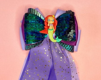 Girls Hair Bow with Clay Doll and ribbons, Design: Ariel, the little mermaid with red hair, great for birthday or stocking stuffer