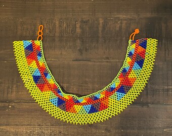 Beaded Necklace, HUICHOL jewelry, mexican design, Red, Blue, Teal, Orange, Yellow, and Green,  Short Version (52)