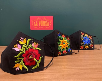 Face masks, Washable, 100% Cotton, One of a Kind, Black Floral Embroidery, Re-usable Face Mask, Face Cover.