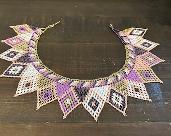 Beaded HUICHOL necklace, Mexican designed jewelry, unique, handmade, indigenous, birthday gift or a stocking stuffer , White, pink - (71)