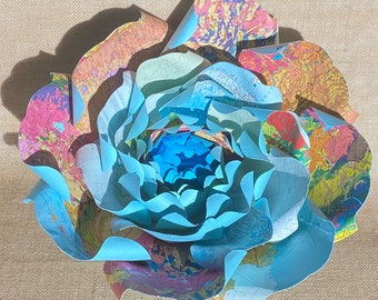 Large Paper Rose with blue exterior petals and map interior petals, card stock flower, great for travel themed wedding or graduation