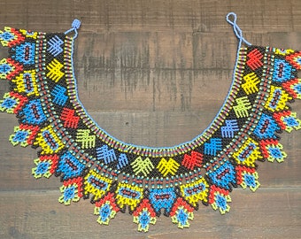 Beaded HUICHOL necklace,  Mexican designed jewelry, unique Feather Pattern, Short Version, great for birthday gift, stocking stuffer (27)
