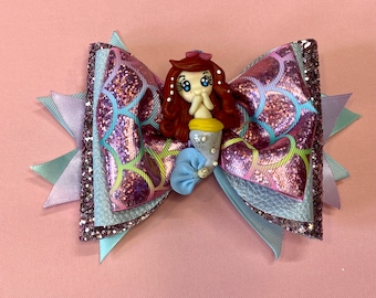 Girls Hair Bow with Clay Doll and ribbons, handmade with love. Design: Little Mermaid is under the sea