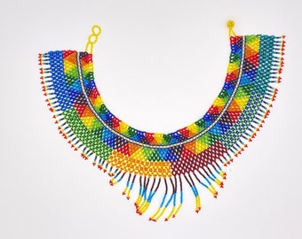 Beaded necklace, HUICHOL jewelry, mexican design, great for birthday, mother&#39;s day or an anniversary gift, Rainbow Pattern