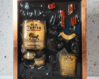 Copper leafed Framed Old Carter 15 year (hard to find) Broken Bottle Art - For Whiskey, Bourbon Enthusiasts. Wall Art, Handmade.