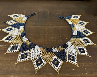 Beaded HUICHOL necklace, Mexican designed jewelry, unique, handmade, indigenous, birthday gift or a stocking stuffer , Blue, white  - (84)