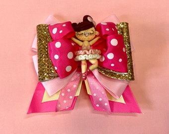 Girls Hair Bow with Clay Doll and ribbons, Design: Brown haired, freckled ballerina, pink colors, glitter hair accessory great for birthday