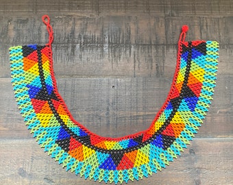Beaded Necklace, HUICHOL jewelry, mexican design, Red, Blue, Teal, Orange, Yellow, and Green, Feather Pattern,  Short Version (87)