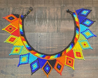 Beaded necklace, HUICHOL jewelry,  Red, Blue, Black, Purple, Teal, Orange, Yellow, and Green, Feather Pattern,  Short Version (26)