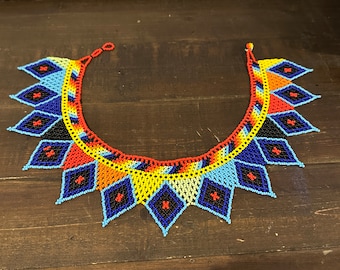 Beaded HUICHOL necklace, Mexican designed jewelry, unique, handmade, indigenous, birthday gift or a stocking stuffer , Blue, Orange  - (80)