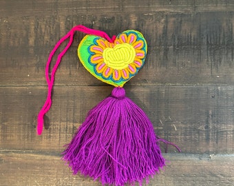 Mexican Hearts Pom Pom, Handmade Ornaments, Mexican Ornaments, Embroidered, Tassels  Yellow Rose Tan Heart