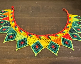 Beaded HUICHOL necklace, Mexican designed jewelry, unique, handmade, indigenous, birthday gift or a stocking stuffer , Green, Red - (76)