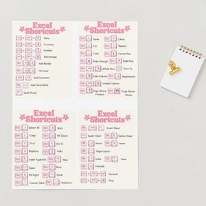Könnte beinhalten: Vier rosa und weiße Excel-Shortcuts-Referenzblätter mit einem Spiralnotizblock und einer goldenen Büroklammer. Die Blätter zeigen Tastenkombinationen für verschiedene Excel-Funktionen.