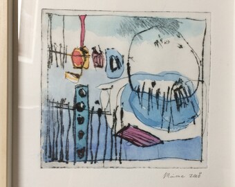 Dry point etching, handpulled print, watercolor, Lost world - 3