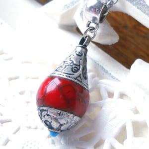 red Tibetan pendant necklace, silver amulet necklace, boho necklace, red Nepalese pendant necklace, Tibetan style ethnic necklace