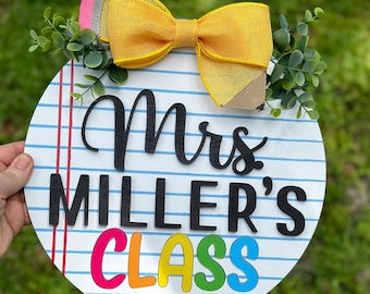 Teacher Door Sign,  Classroom Notebook Paper Door Hanger, Classroom Door Name Sign, Custom School Teacher Gift, Back to School Personalized