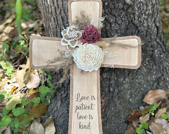 Rustic Wood Cross with Floral Detail, Custom Floral Cross with Engraved Quote, Personalized Cross