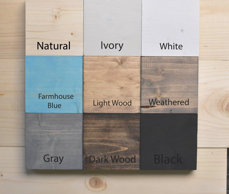 May include: Nine wood samples painted in different colors, including natural, ivory, white, farmhouse blue, light wood, weathered, gray, dark wood, and black.