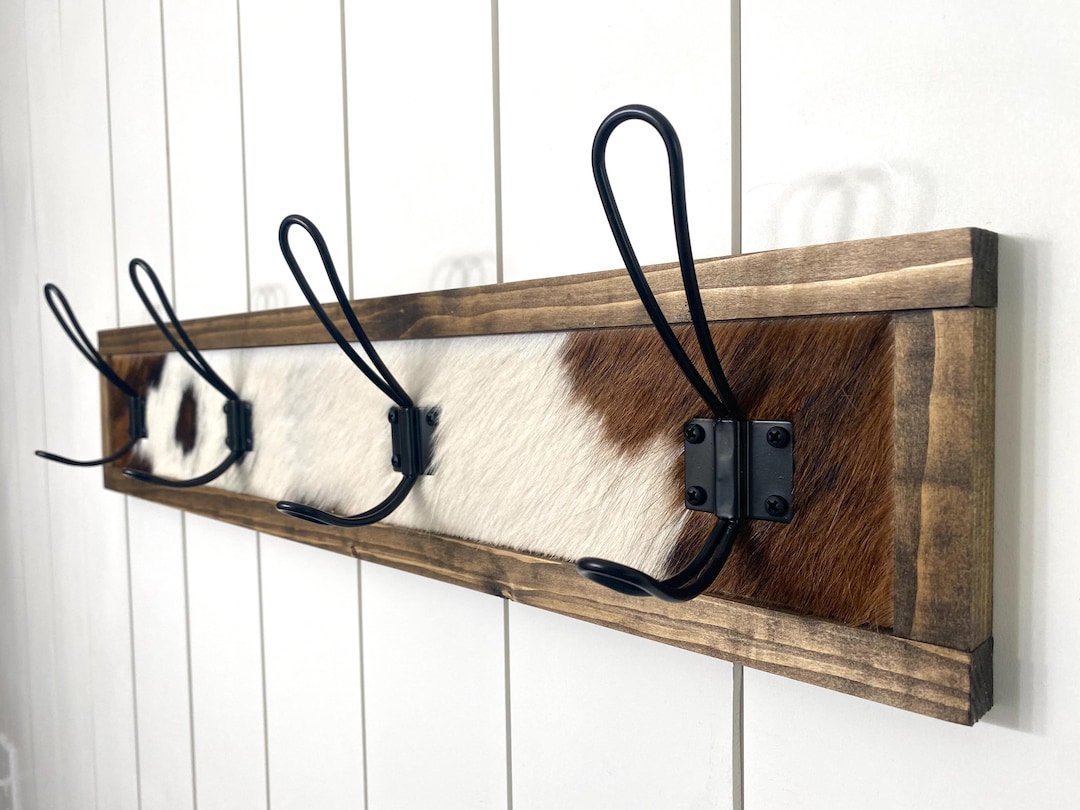 Wall Mounted Cowhide Coat Hook Brown and White Genuine Cowhide on Wood with Metal Hooks Western Rustic Entryway Organizer Coat Hook