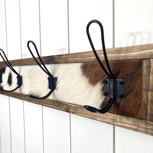 Wall Mounted Cowhide Coat Hook Brown and White Genuine Cowhide on Wood with Metal Hooks Western Rustic Entryway Organizer Coat Hook