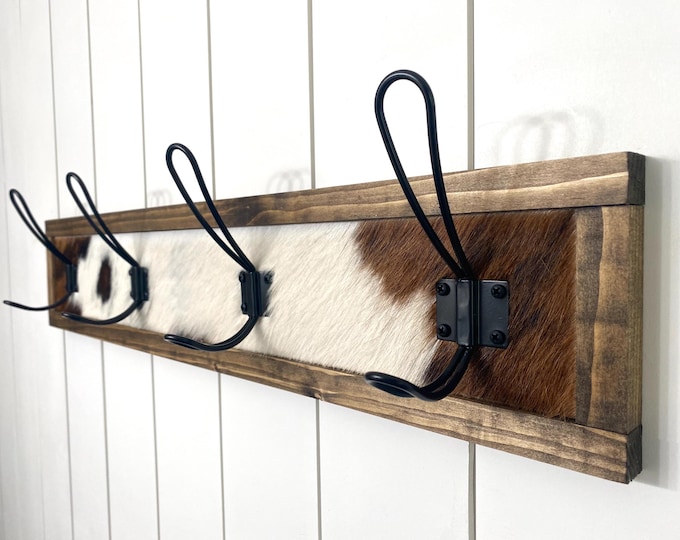 Wall Mounted Cowhide Coat Hook Brown and White Genuine Cowhide on Wood with Metal Hooks Western Rustic Entryway Organizer Coat Hook