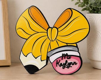 Personalized Teacher Bow Sign Classroom Custom School Teacher Gift Back to School Wooden Door Sign School