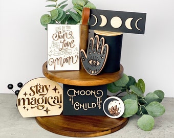 Boho Shelf Decor | Tiered Tray Signs | Mystical Moon | Moon Child | Moon Phase Decor | Moon Witch | Boho Tiered Tray | Boho Decor