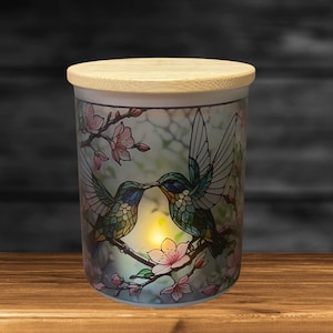 Humming Birds Full Wrap Stained Glass Candle Jar with Tea Light, Personalized Lantern Gift, Mothers Day Gift, Custom Tea Candle Jar,