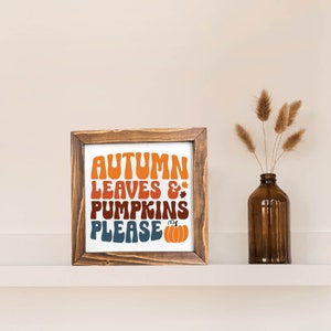 Hojas de otoño y calabazas, por favor, cartel enmarcado, cartel de otoño retro, decoración de otoño, cartel de otoño enmarcado