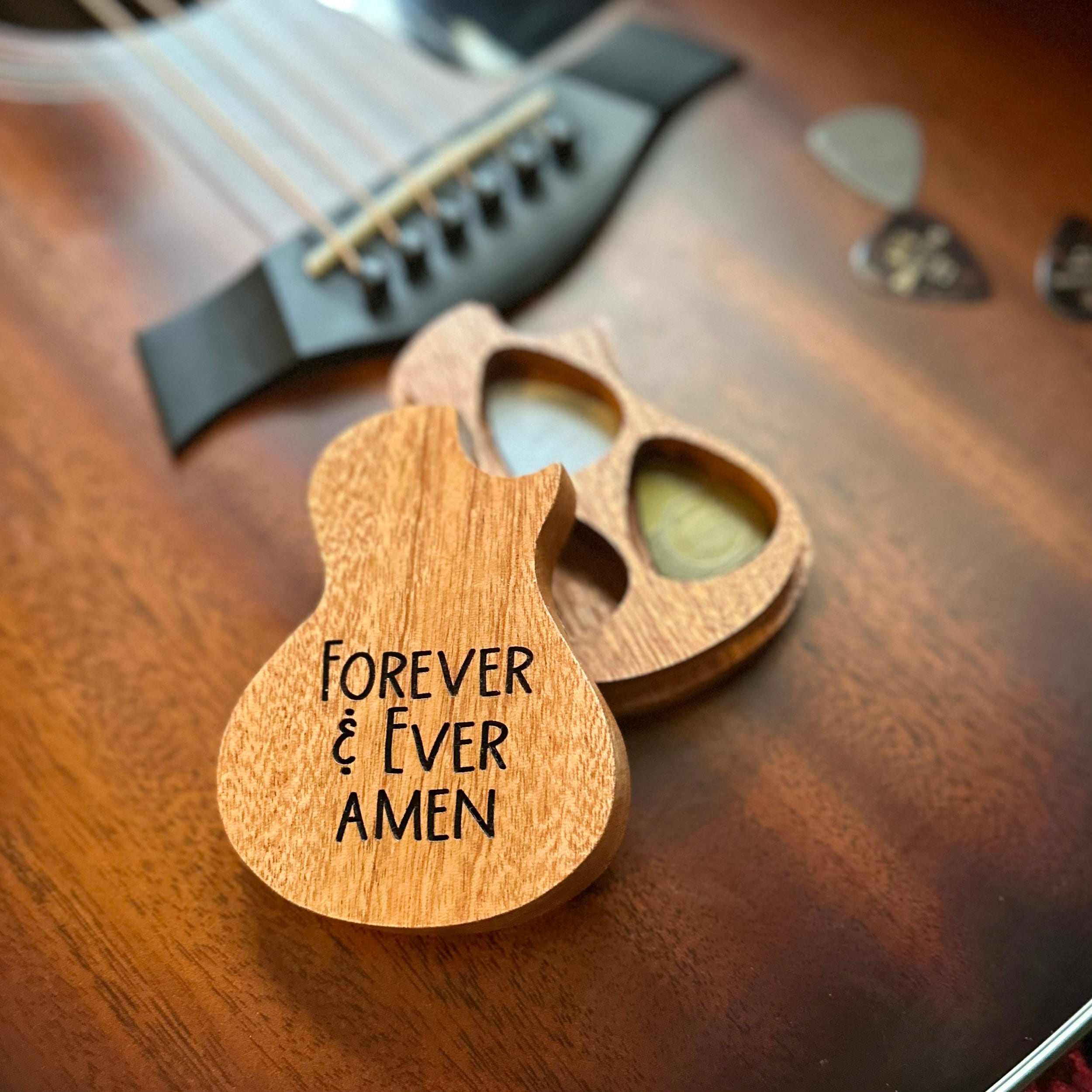 Forever and Ever Amen Wooden Guitar Pick Holder, Musician Gift