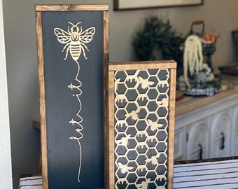 Bee Decor Sign Set Let it Bee Bumble Bee and Honeycomb Wall Art Honey Bee Wall Decor Springtime Gift Bee Lover Gift Farmhouse Bee Decor