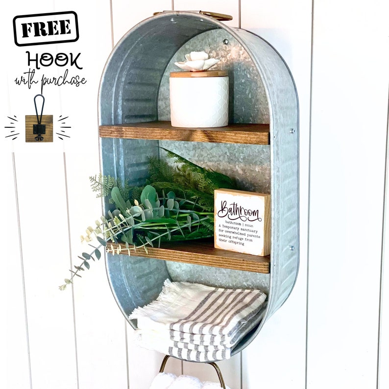 Galvanized Metal Washtub with Shelves - Bathroom Essentials Shelf - Farmhouse Bathroom Decor - Rustic Farmhouse Washtub toiletry shelf