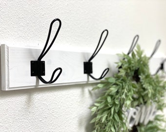 White Wall Mounted Coat Hook with Black Hooks Entryway Coat Hook Organizer White Farmhouse Coat Hook Large Wall Mounted