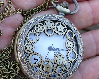 Montre de poche à crémaillère steampunk Alice au pays des merveilles sur collier avec breloque - Coffret cadeau GRATUIT