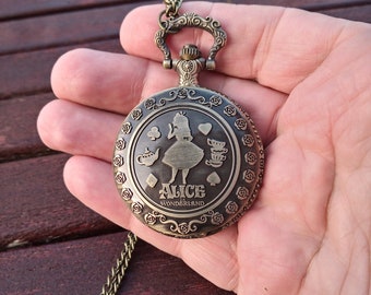 Free shipping - Alice in Wonderland Pocket Watch on long chain: Antique Style Charm, Free Gift Box