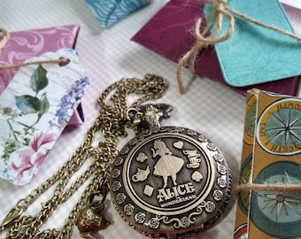 NEW - Alice in Wonderland pocket watch on necklace with charm - full size working pocketwatch