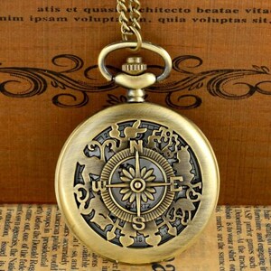 Compass Style Alice in Wonderland full size battery powered metal pocketwatch on necklace - Free pouch/box and charm