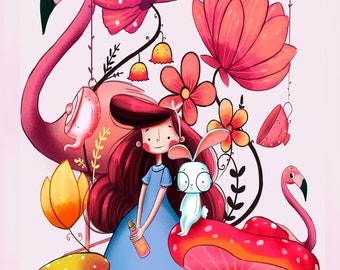 Alice in Wonderland Poster – Pink Flamingo A4 Art Print